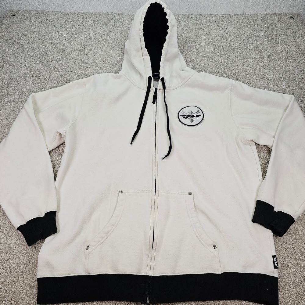 FLY Racing Mens Cream‎ Black Full Zip Hoodie Sweatshirt Graphic Logo XL